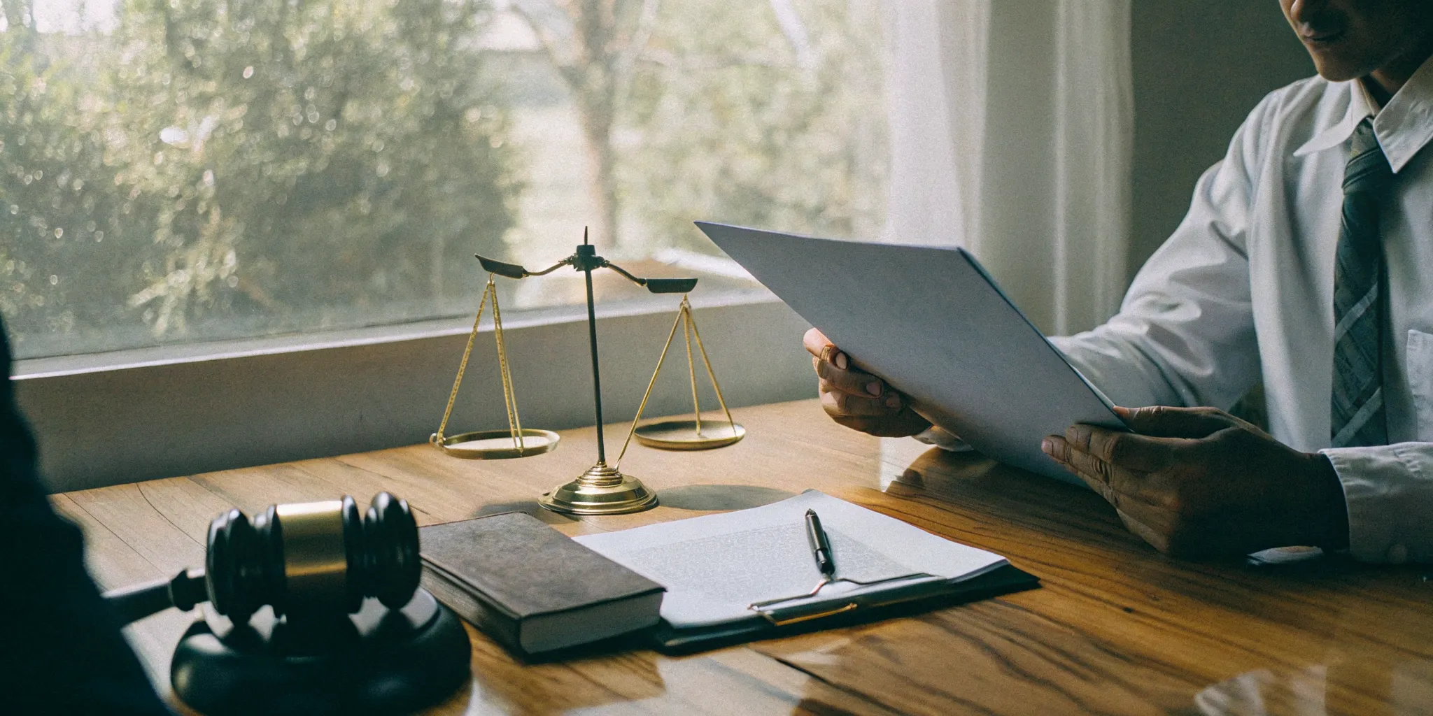 Mental health clinician reviewing clinical notes and legal documents in a calm office setting