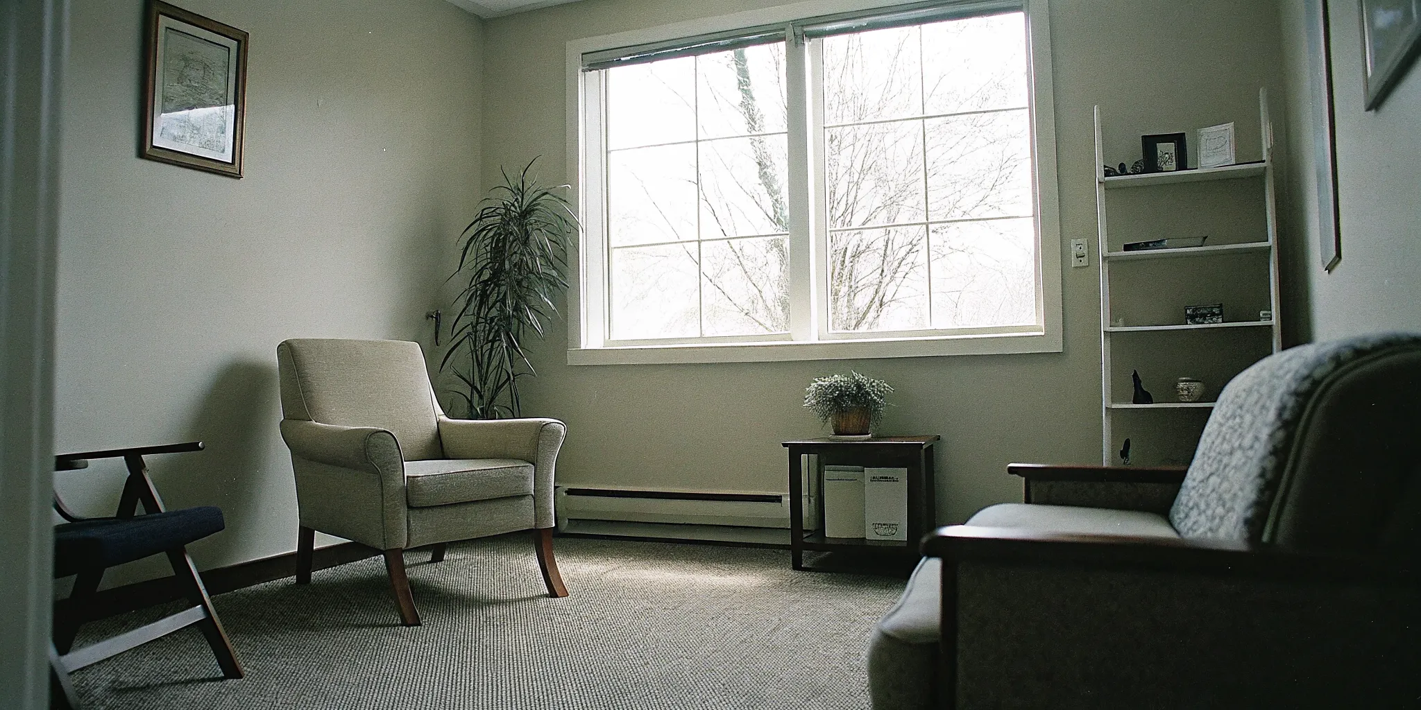 Warm therapy office interior with comfortable seating and soft natural light