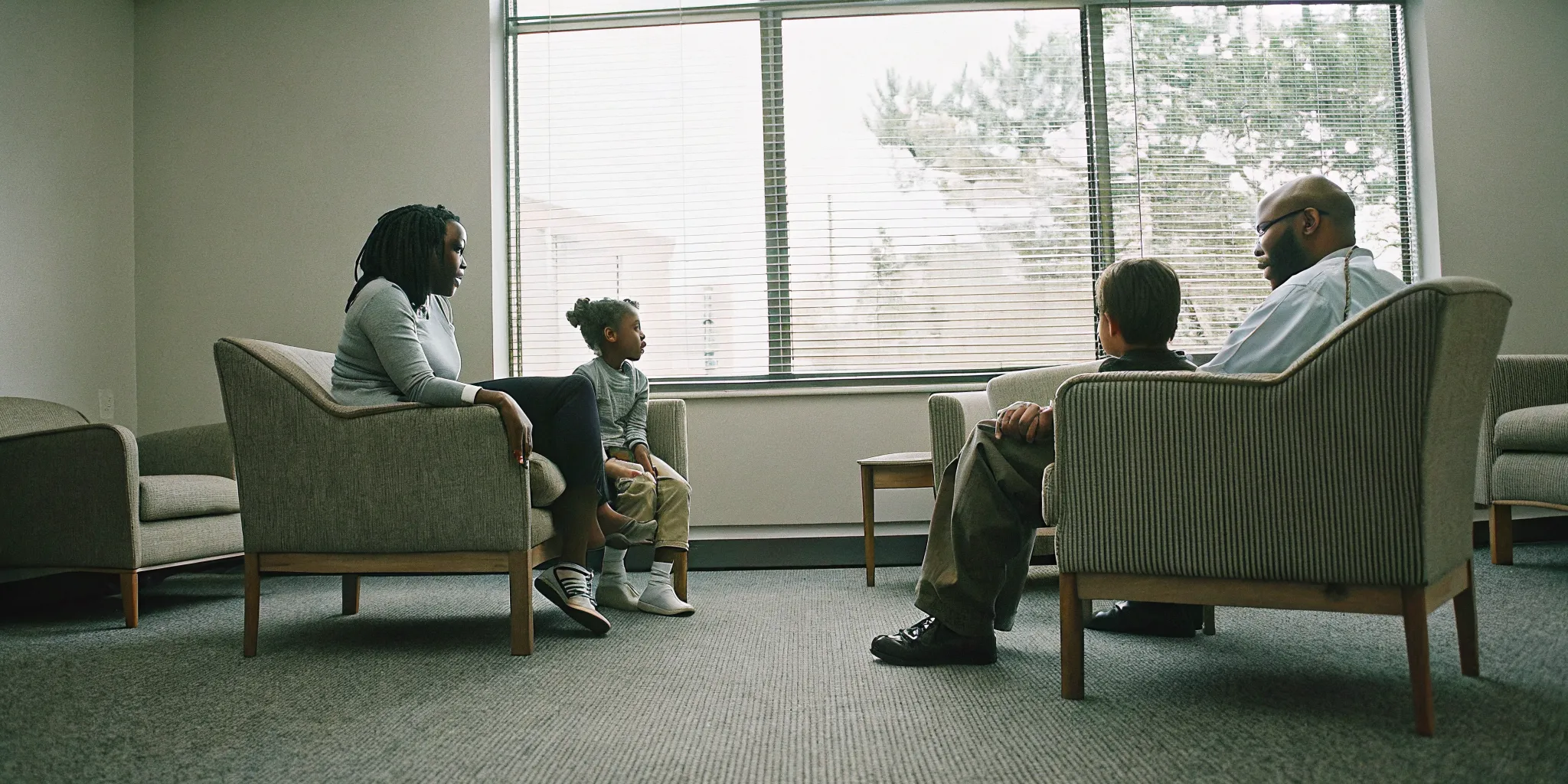 A diverse family talking with a psychologist during an immigration evaluation consultation in Fairfax, Virginia
