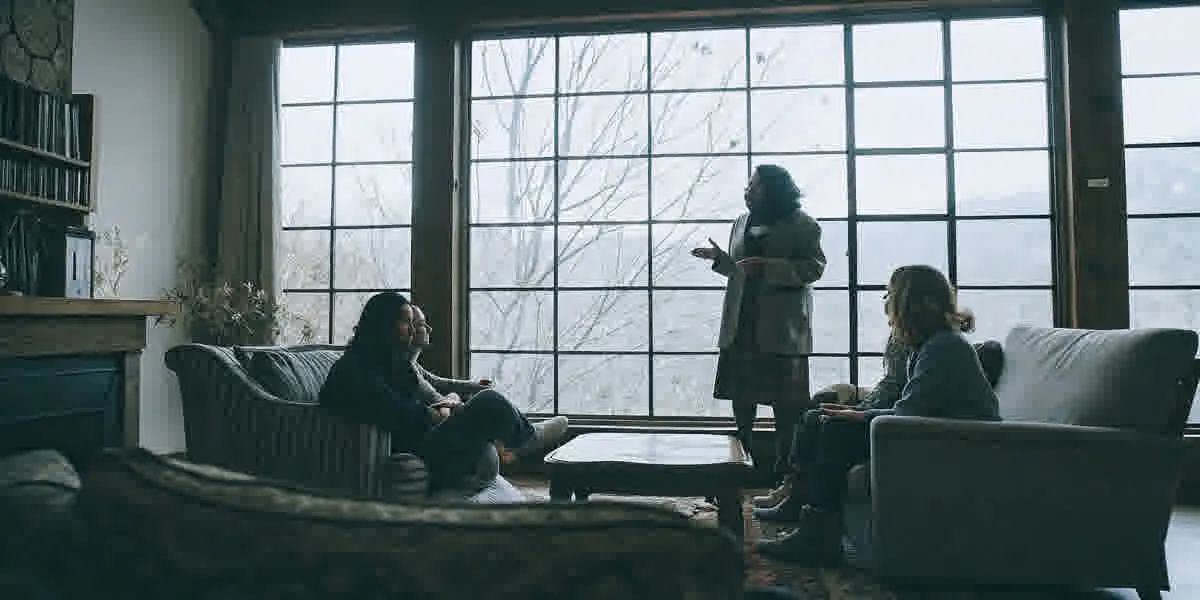Diverse group in a therapy session at a modern counseling office with natural light