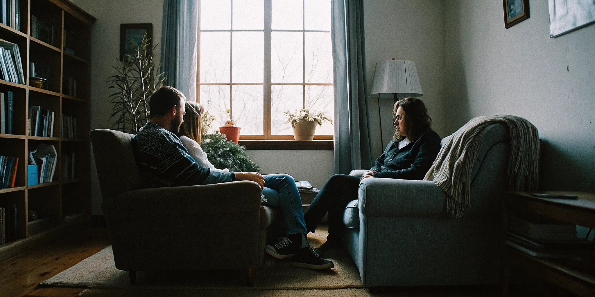 A couple speaking with a therapist during a couples counseling session in a warm office