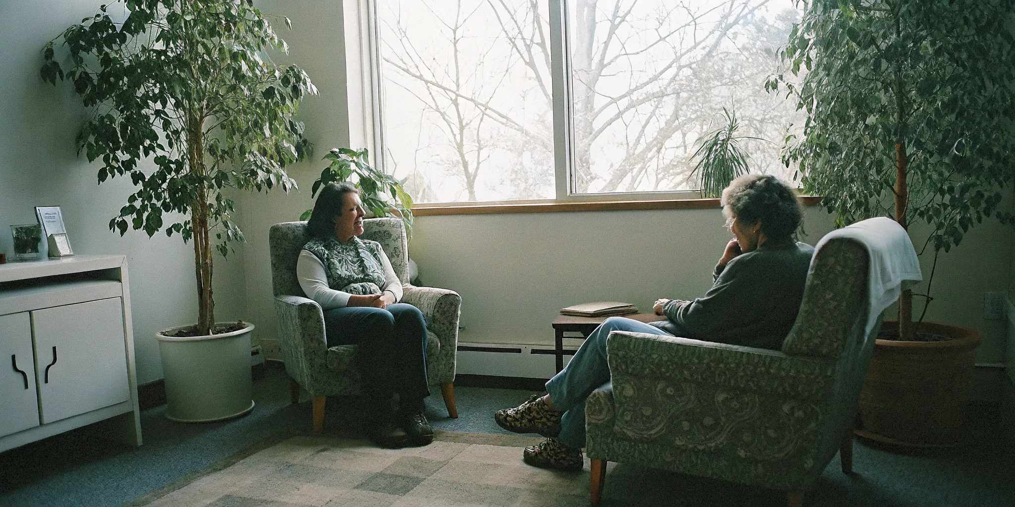 A compassionate therapist speaking with a client in a calm therapy office in Fairfax