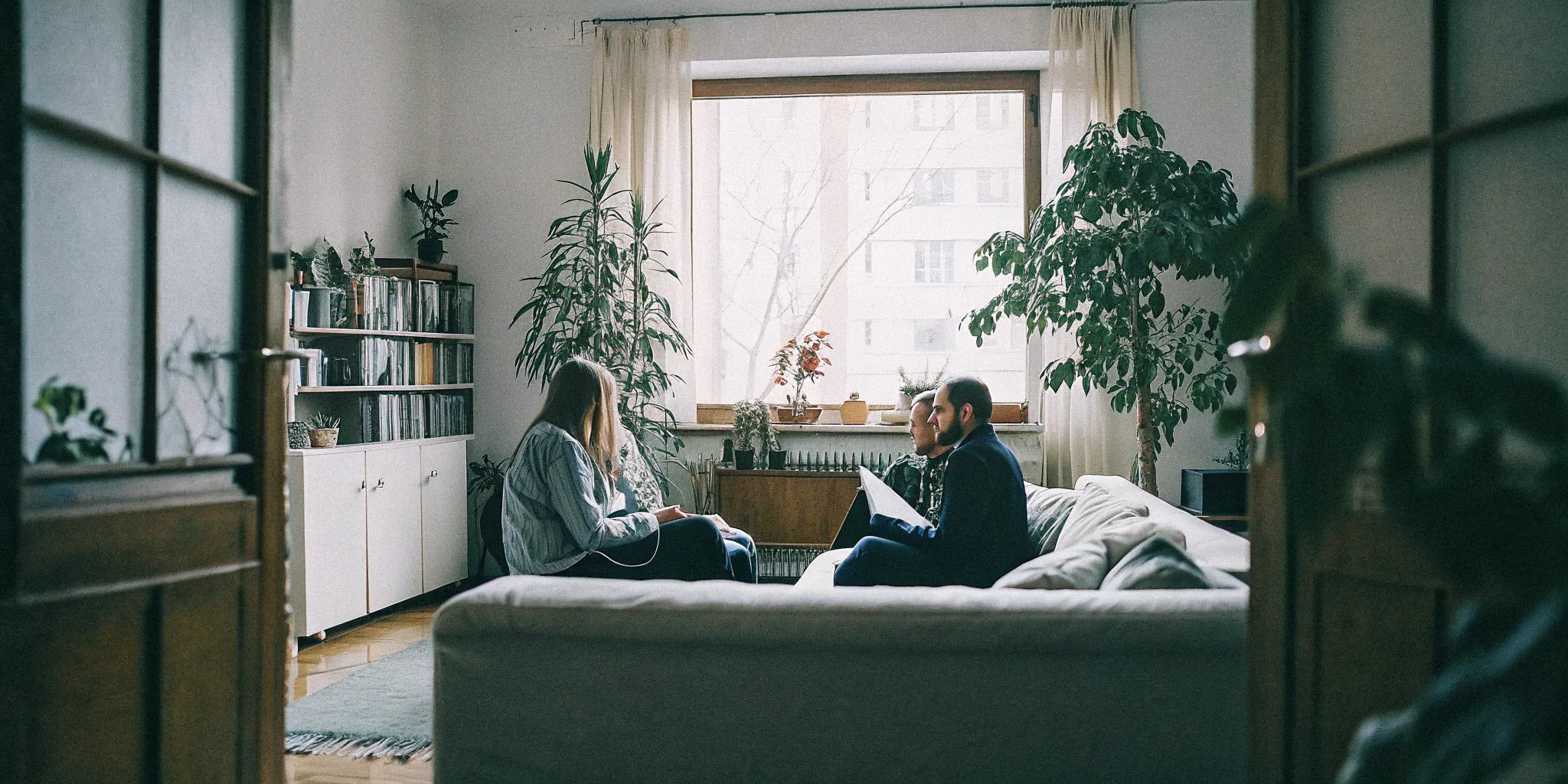 Couple talking with a couples therapist in a bright Fairfax Virginia therapy office