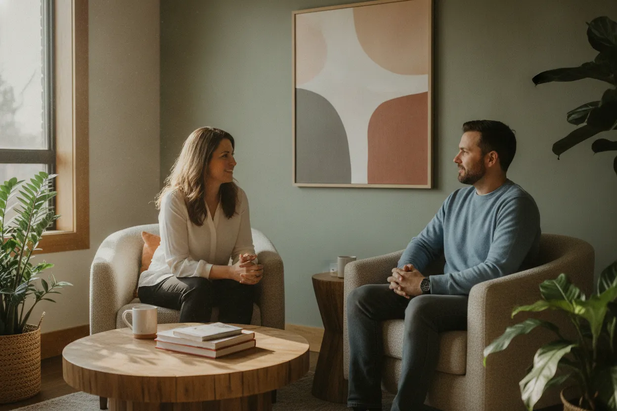 Therapist and client talking in a calm modern counseling office in Northern Virginia