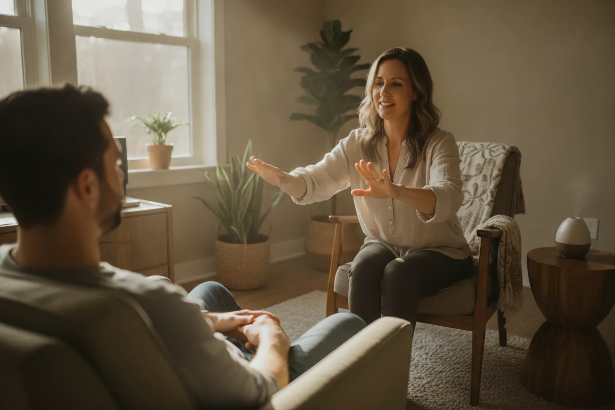 EMDR therapist guiding bilateral eye movement therapy with a client in a calm office