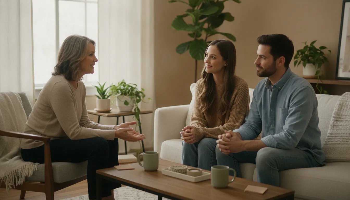 A couples therapist speaking with a couple in a bright Fairfax counseling office