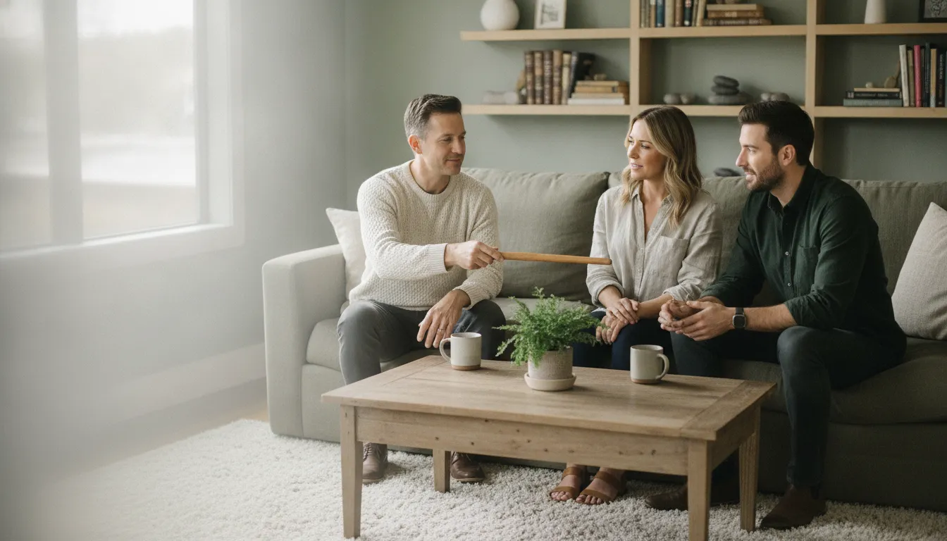 A couples therapist guiding two partners through a conversation exercise in a Fairfax counseling office