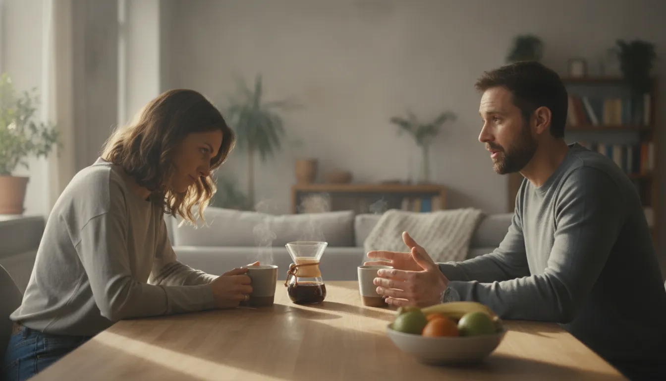 Two partners practicing an active listening exercise together at home