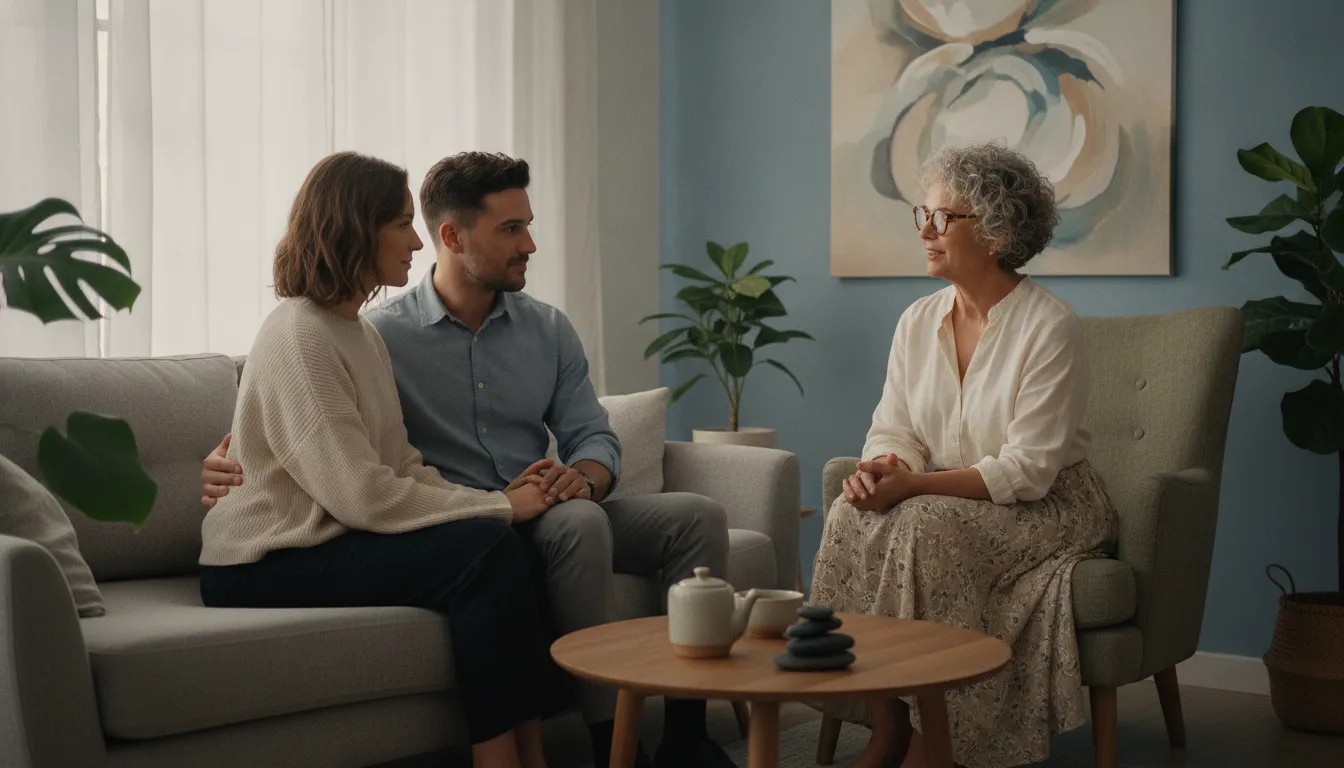 Couple talking together with a therapist in a calm Fairfax counseling office
