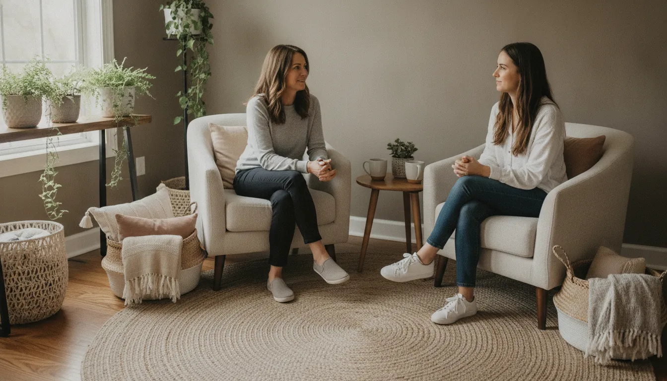 Therapist listening to a client in a calm counseling office