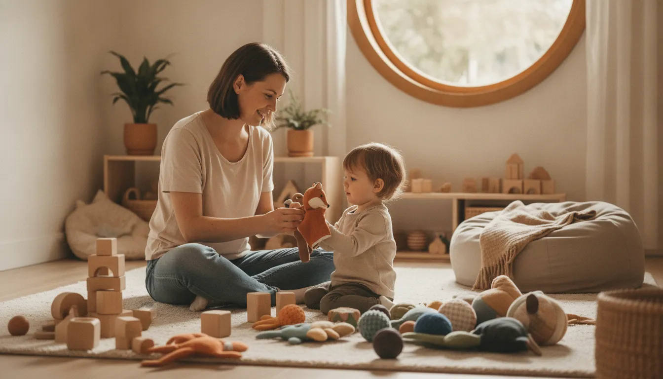 A child therapist sitting with a young child in a warm play therapy room with toys