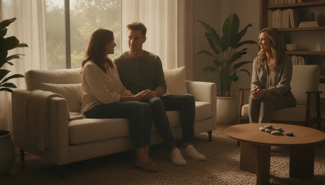 A couple speaking with a supportive therapist in a calm counseling office