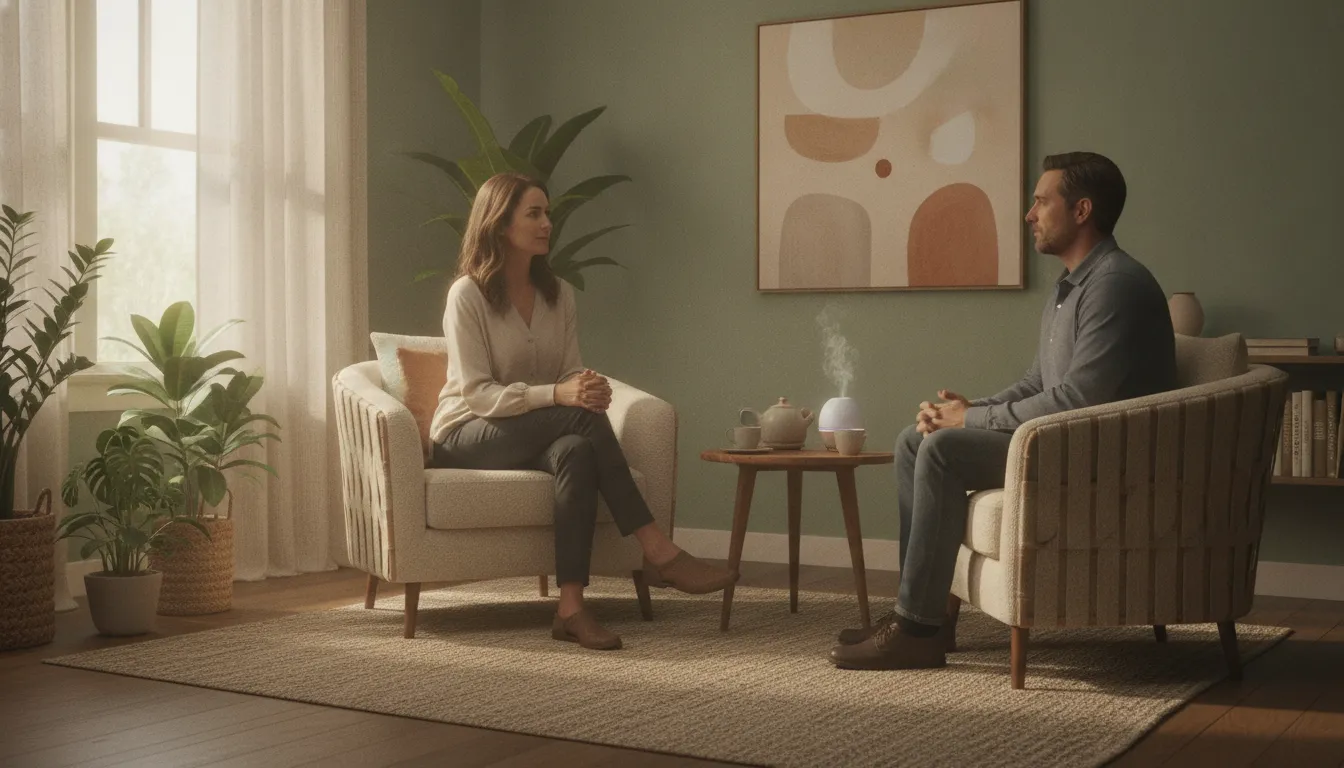 Therapist supporting a client in a calm, softly lit therapy office