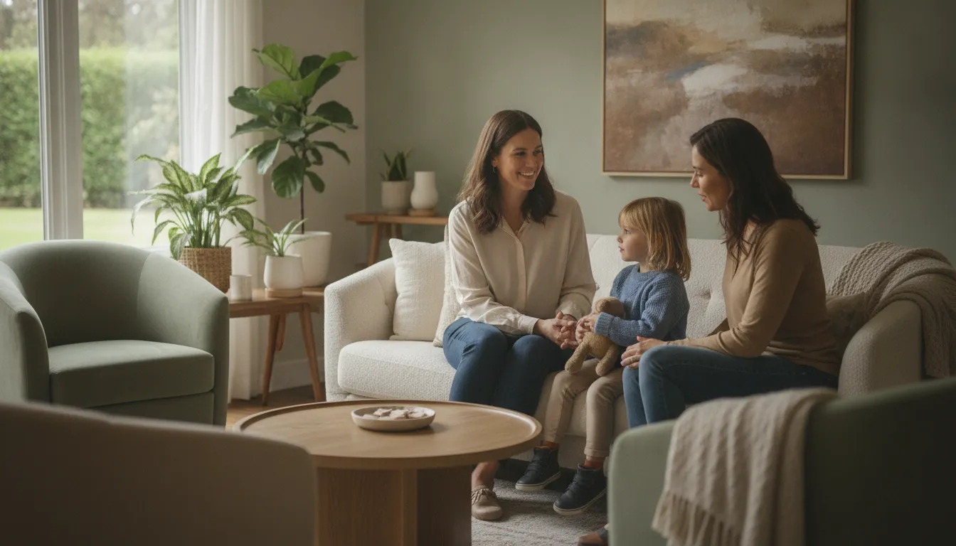 Therapist speaking warmly with a young child and a parent in a calm Fairfax counseling office