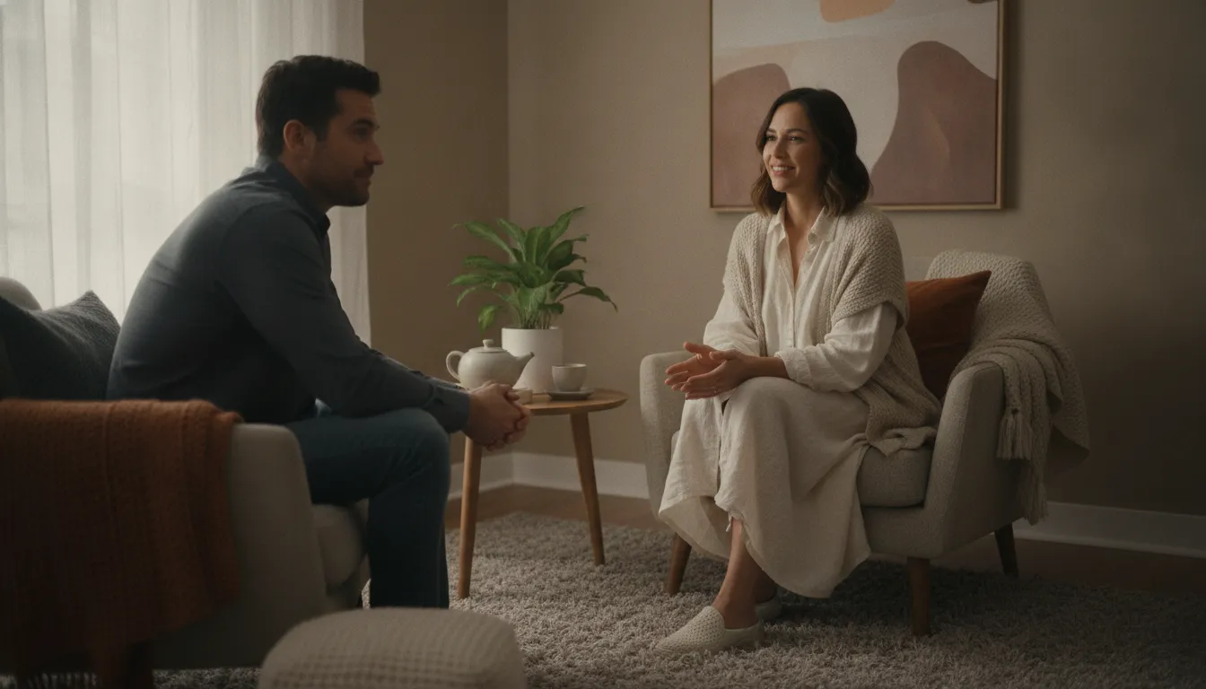 Therapist guiding a client through a reflective session in a calm therapy office