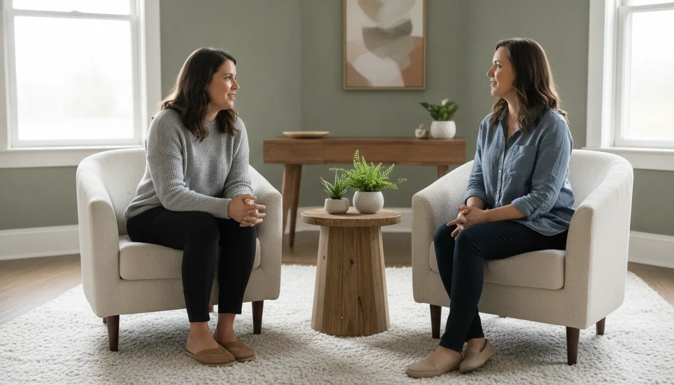 A therapist speaking with an adult client in a calm, bright Northern Virginia therapy office