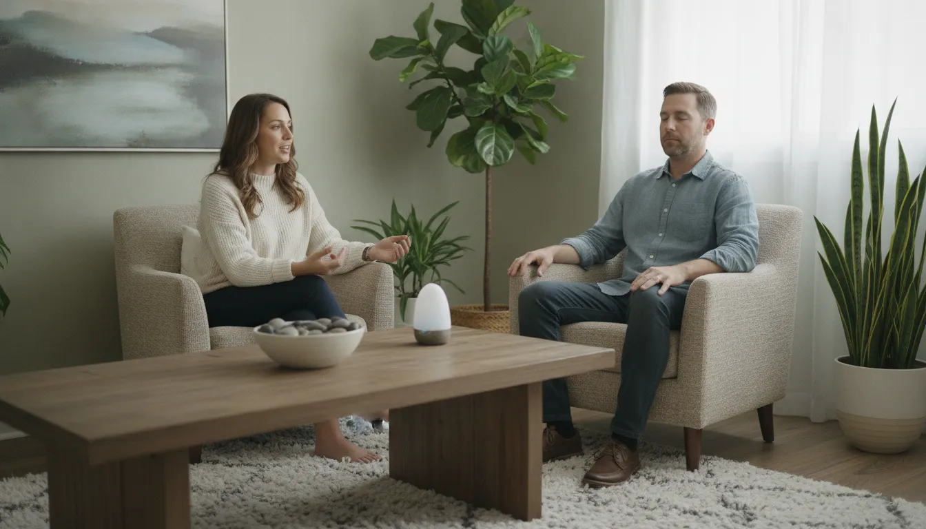 Therapist and client practicing a grounding exercise in a calm, supportive therapy office