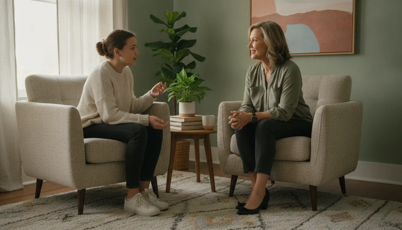 Teen talking with a supportive counselor in a calm therapy office in Fairfax
