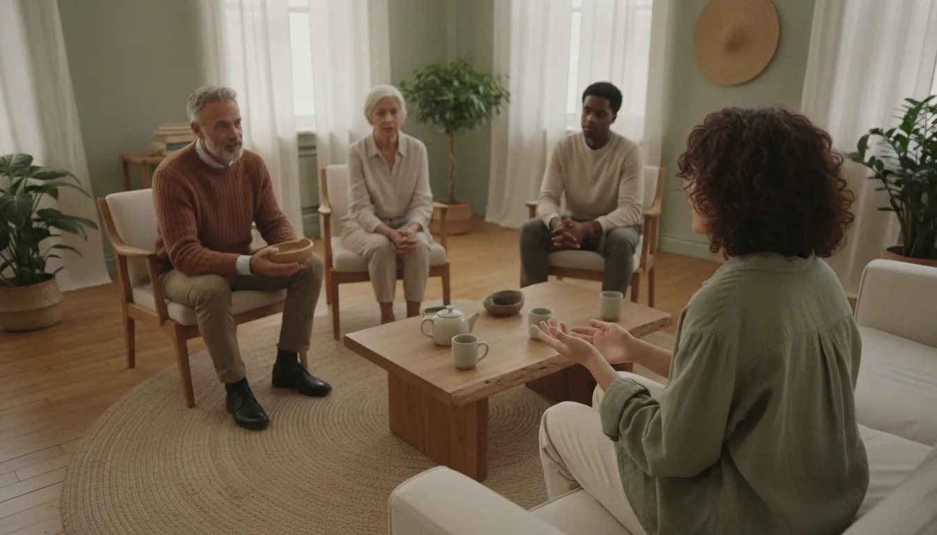 Family members listening nearby as a young teen talks with a supportive counselor