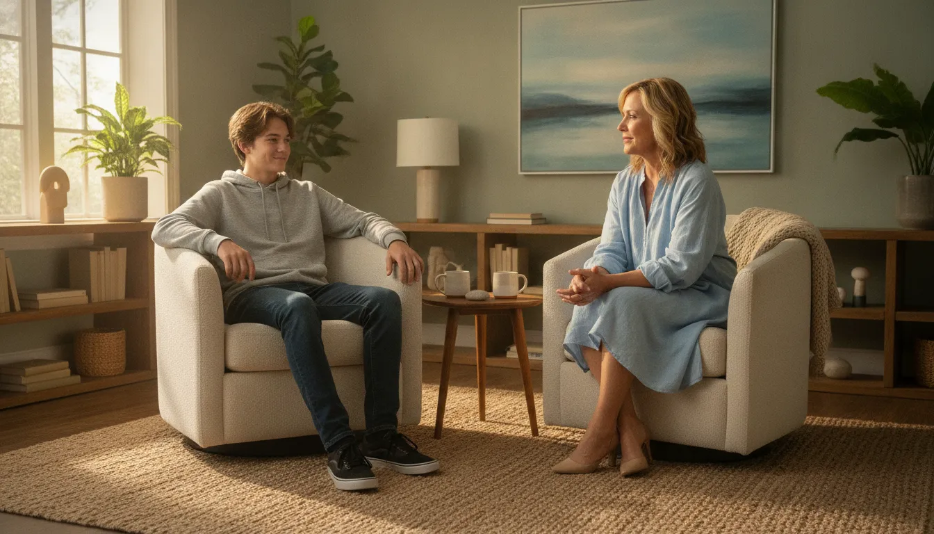Teenager speaking openly with a supportive counselor in a bright therapy office