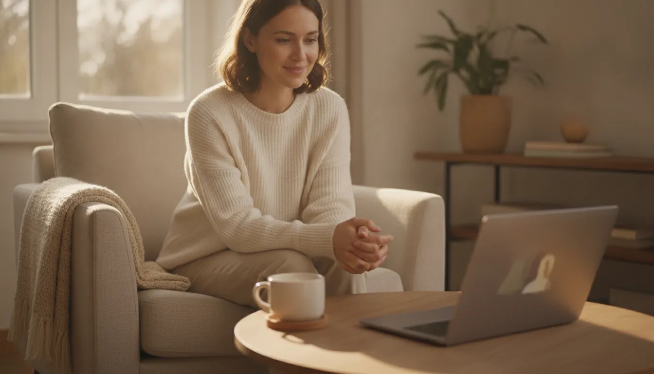 Woman meeting with a therapist via telehealth in a bright Virginia home