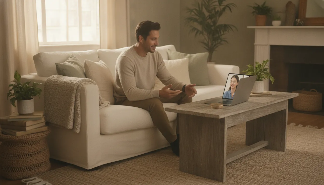 Adult meeting with a therapist via telehealth in a bright Virginia home