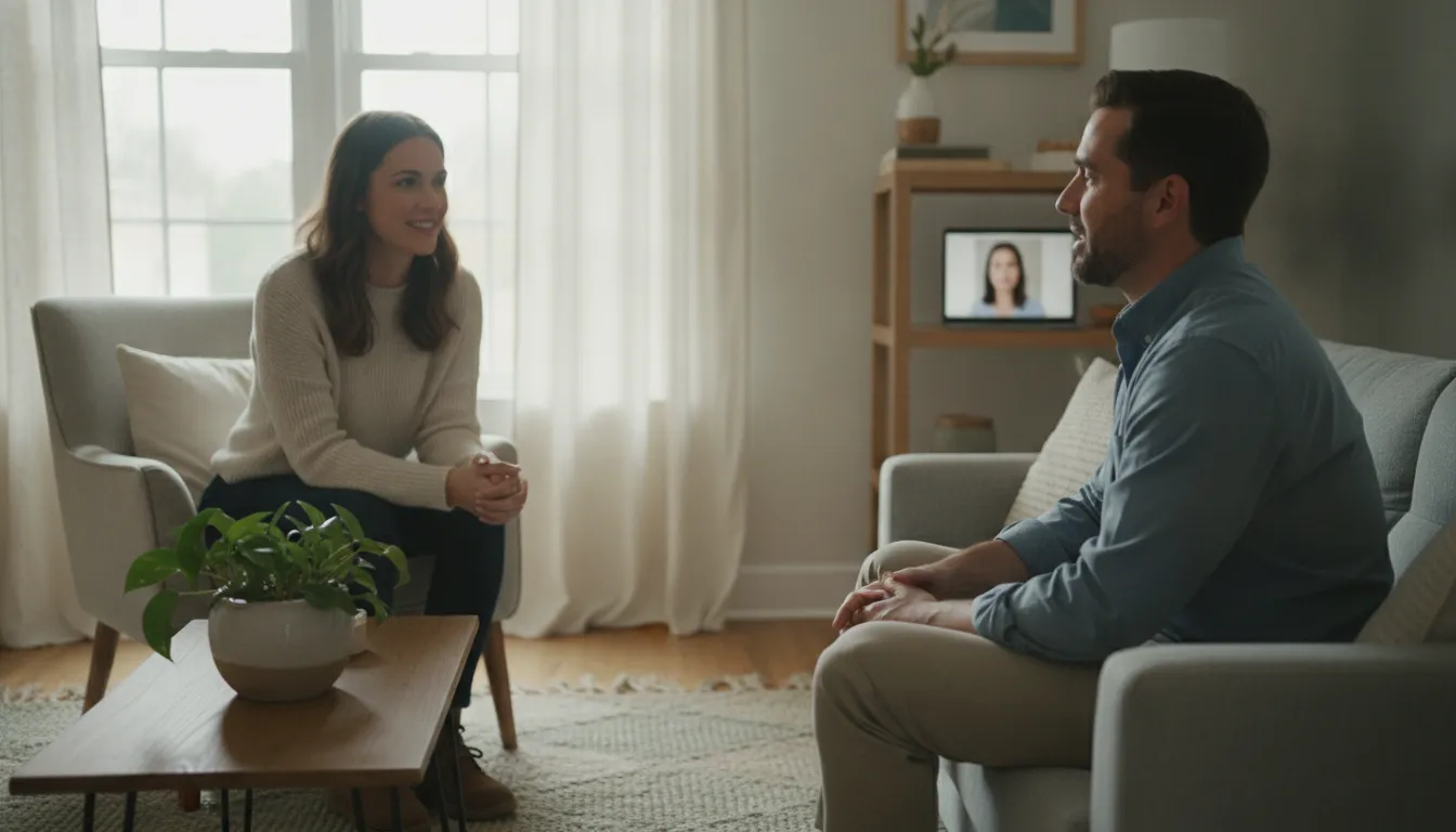 A counselor listening warmly to an adult client during a therapy session in a bright office