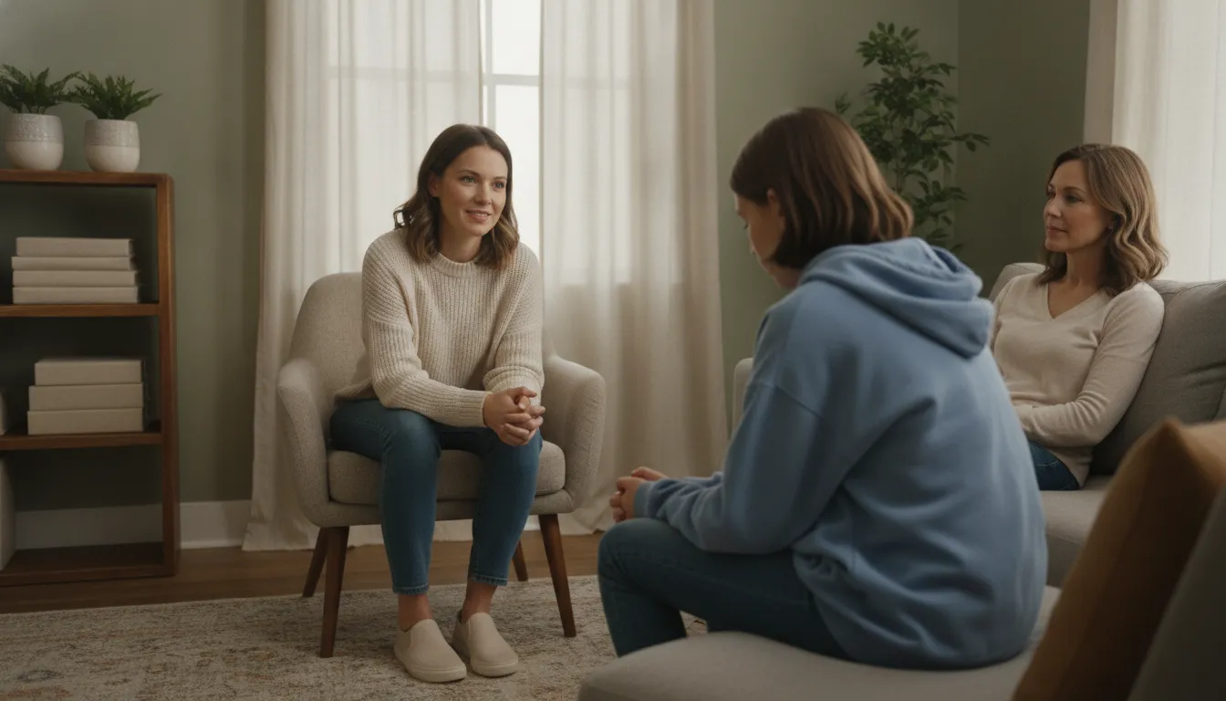 A therapist speaking warmly with a teenage girl while a parent sits nearby in a calm counseling office