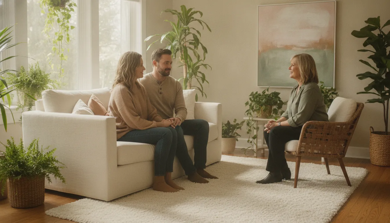 A couple talking with a therapist during a supportive counseling session