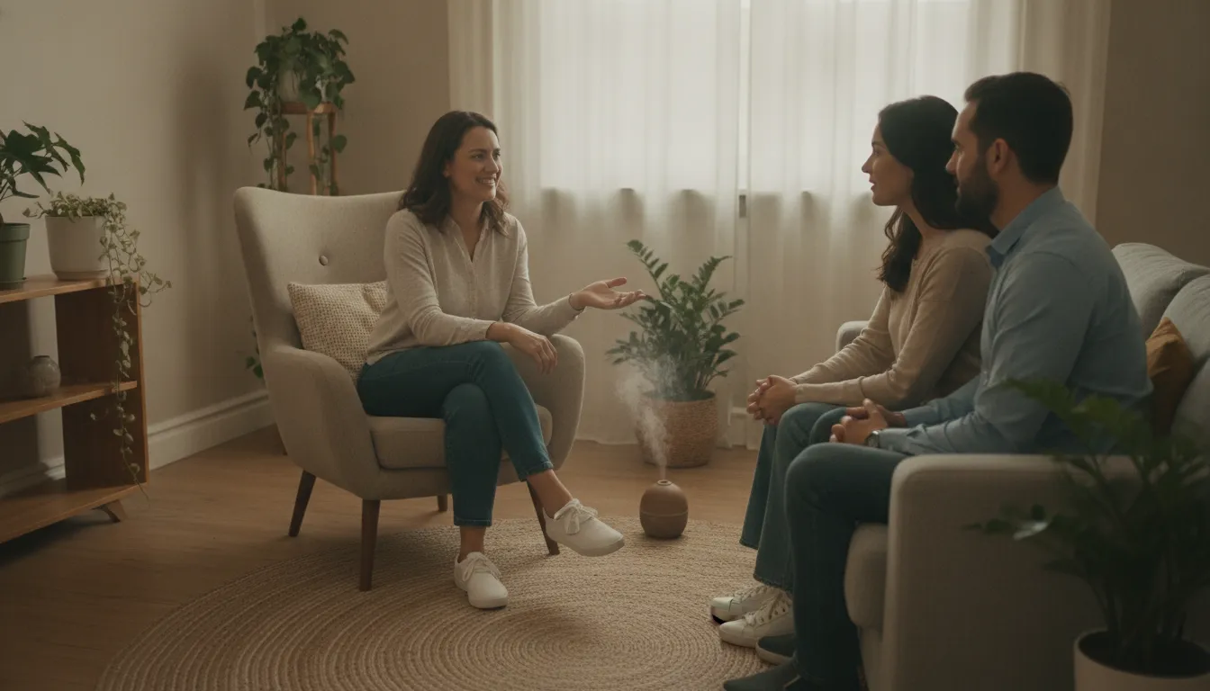 A therapist gently guiding a couple through a supportive counseling conversation