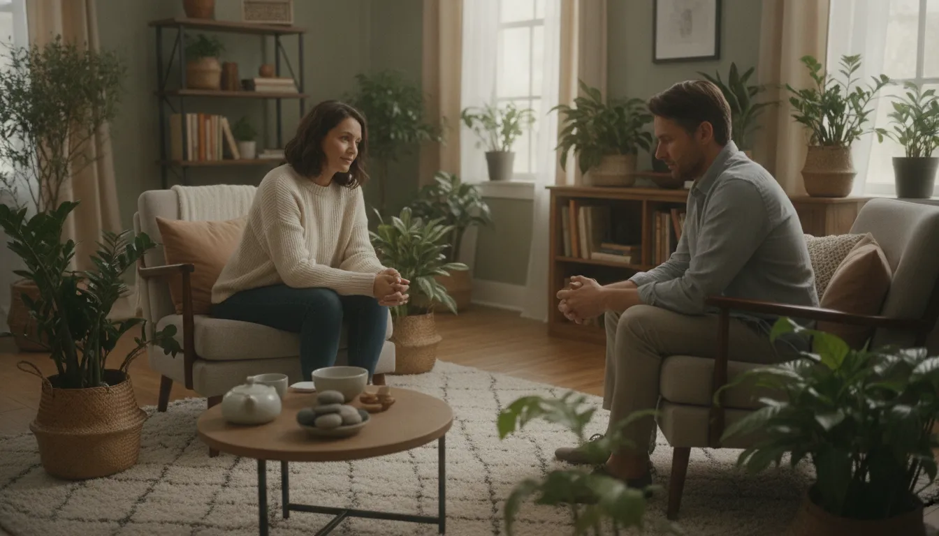 A compassionate therapist listening to a reflective adult client in a calm therapy office
