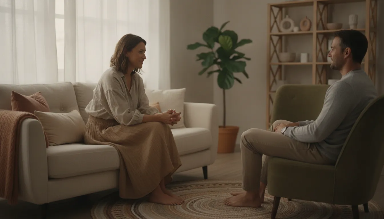 A therapist speaking calmly with a client in a warm, peaceful therapy office