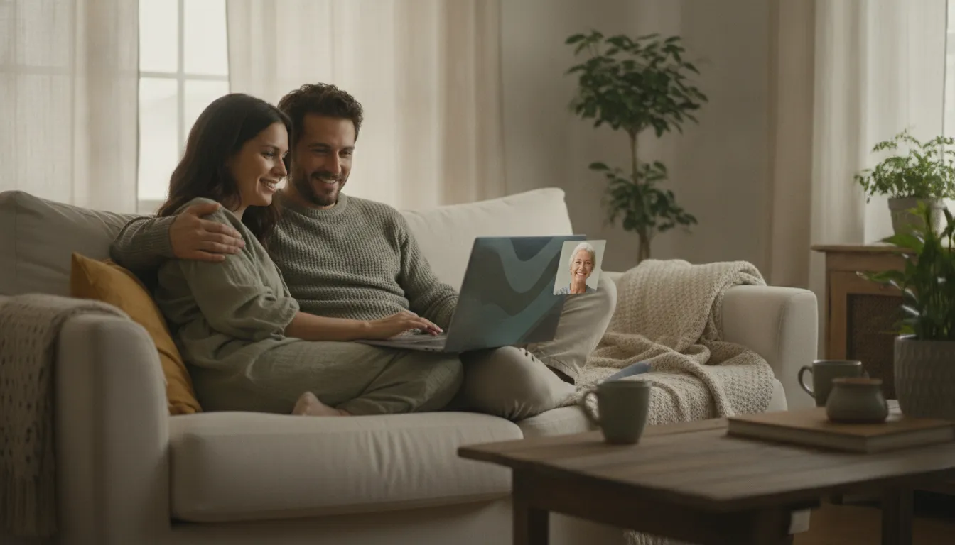 A couple smiling during an online couples therapy video session on a laptop in their home