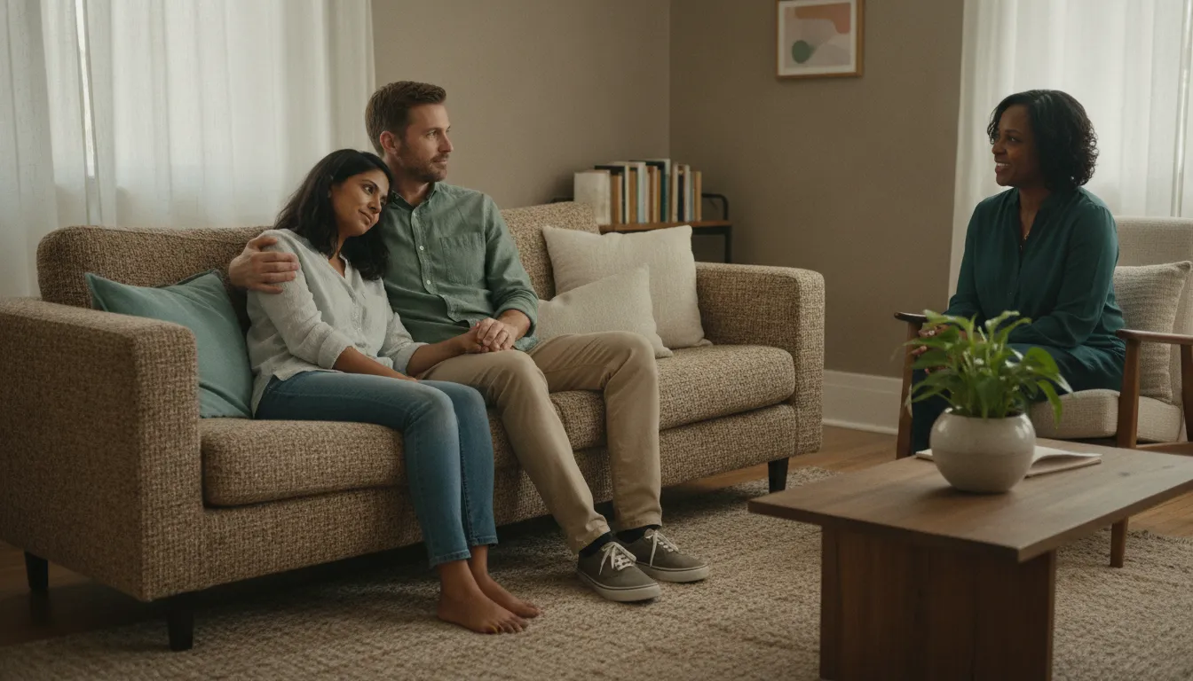 Couple speaking with a therapist in a calm office