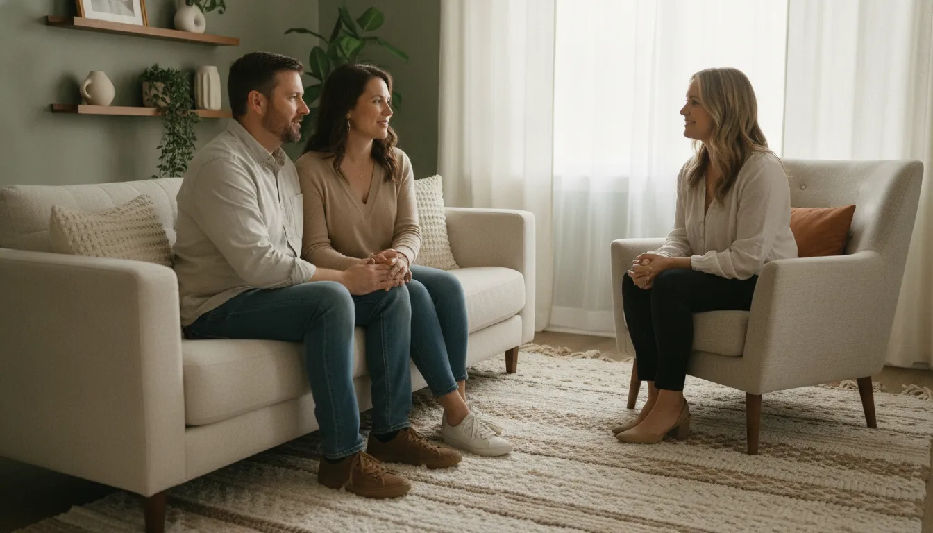 A couple speaking with a therapist in a calm counseling office