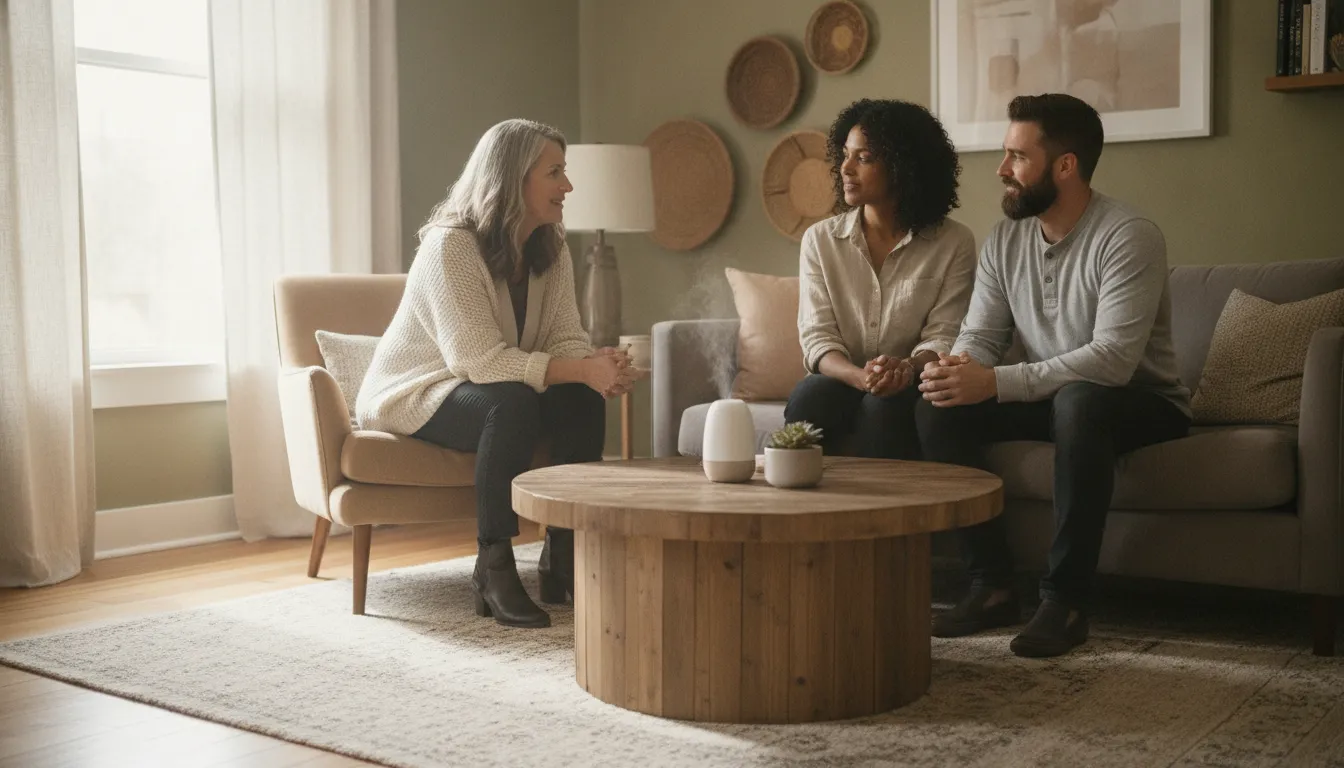 Couple and therapist discussing relationship concerns in a counseling office