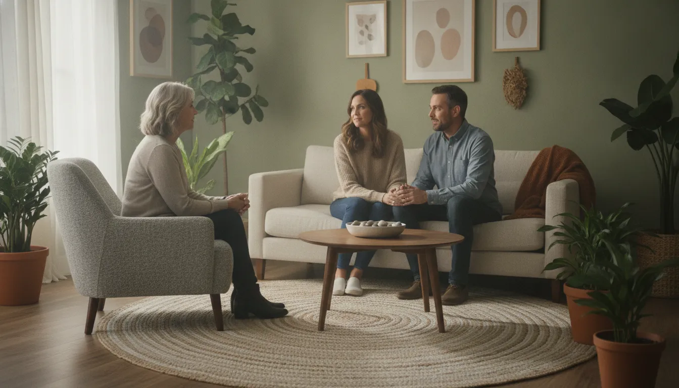 Partners listening to each other during a supportive relationship therapy conversation