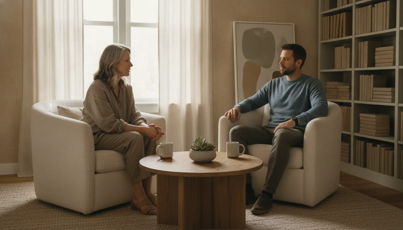 Trauma-informed counseling conversation in a calm office