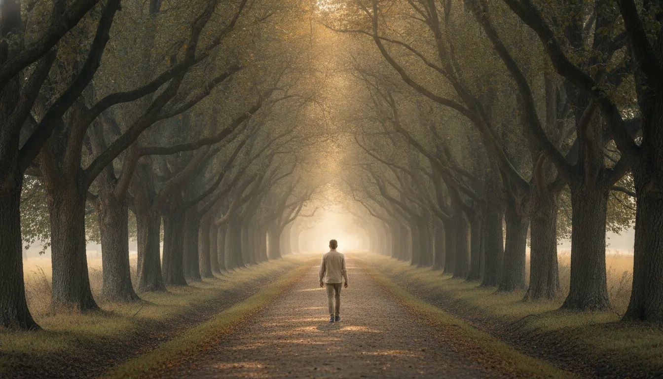 Person walking on a quiet tree-lined path after trauma