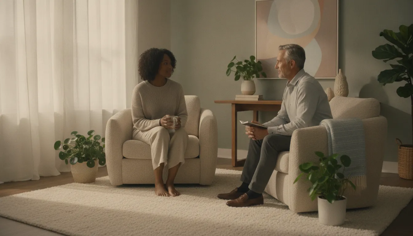 Trauma-informed therapy session in a calm office