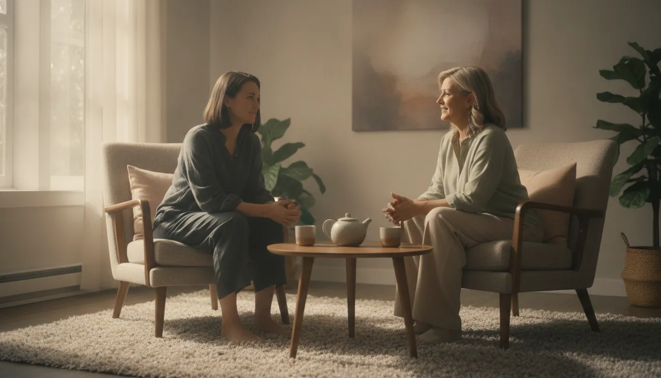 Adult speaking with a trauma-informed therapist in a calm counseling office