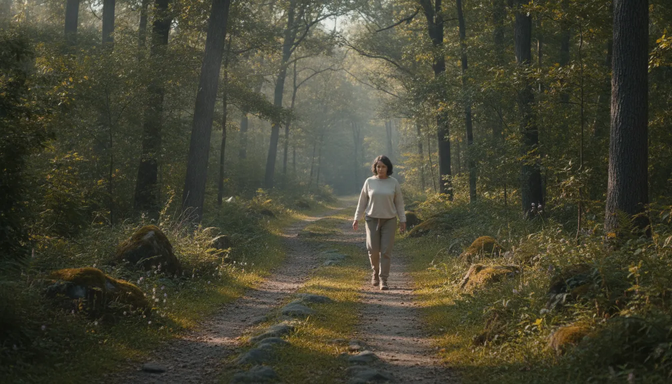 Adult using a quiet walk as one grounding activity during PTSD recovery