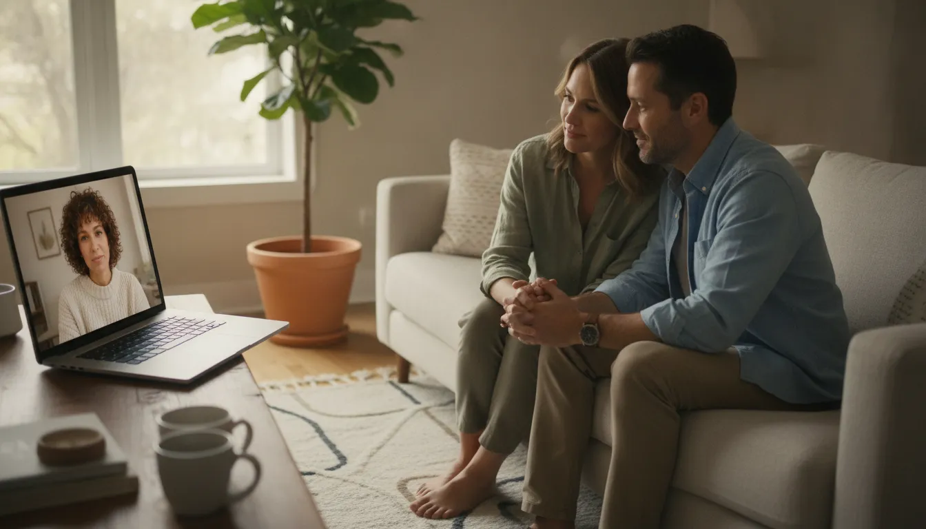 Couple and therapist meeting during an online marriage counseling session