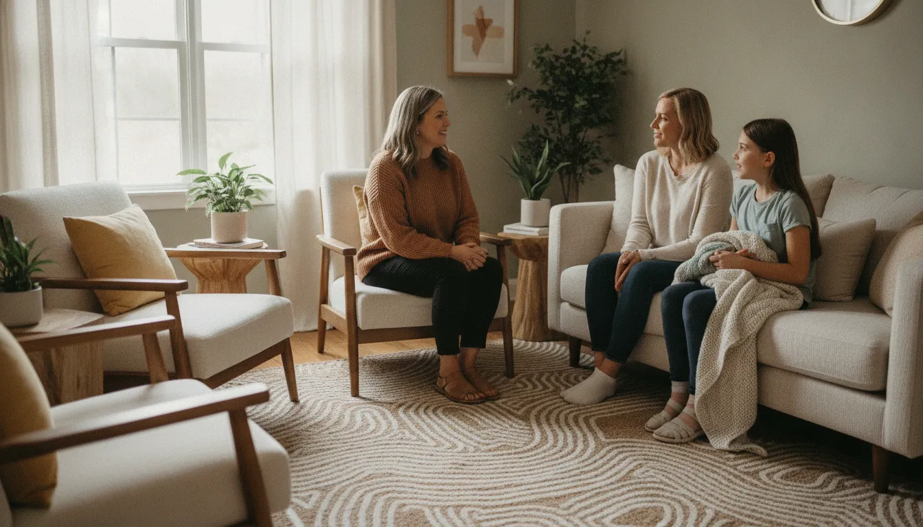Therapist speaking with a caregiver and child during trauma focused CBT