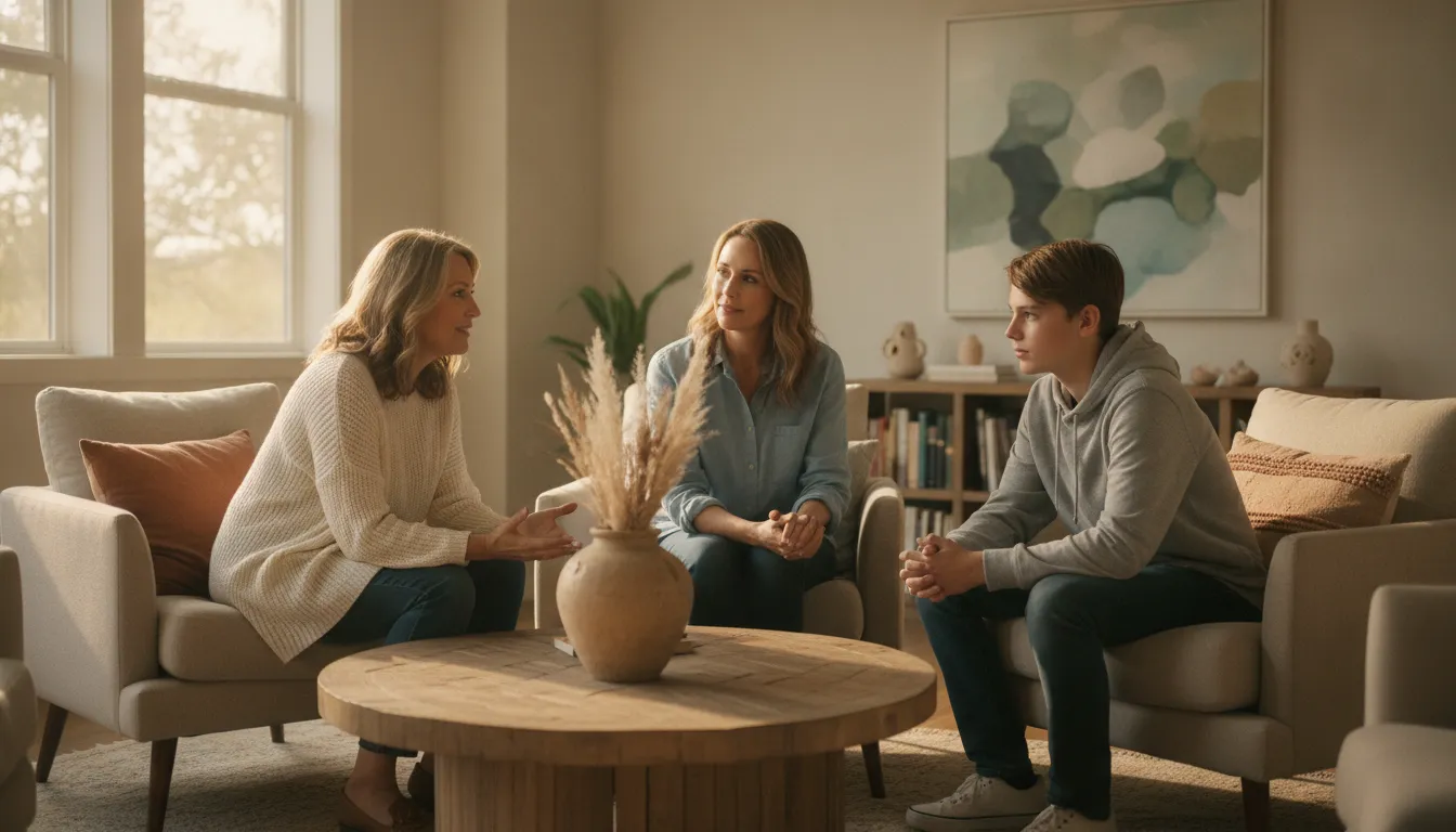 Therapist speaking with a caregiver and adolescent during trauma-informed counseling