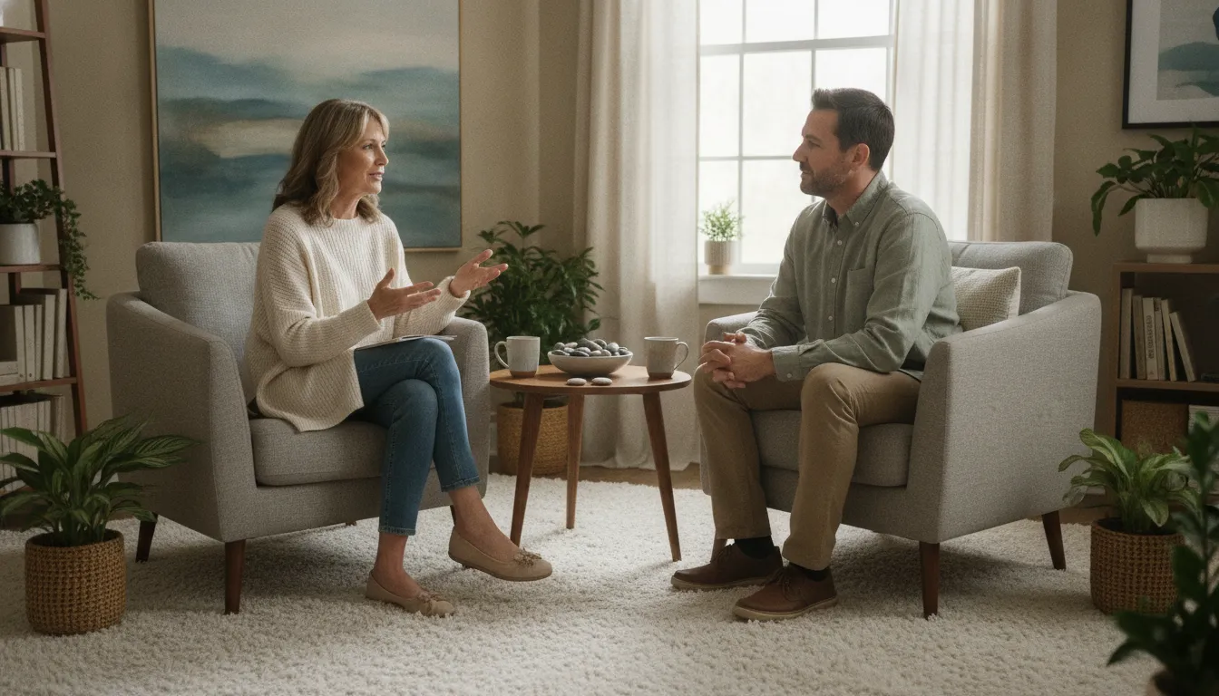 Therapist and client discussing PTSD treatments therapy in a calm counseling office