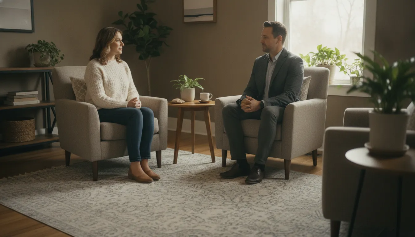 Therapist and client having a trauma-informed counseling conversation