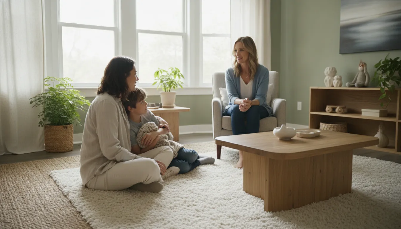 Parent and child discussing behavioral therapy for kids with a therapist