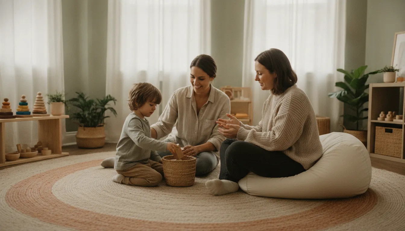Parent and child practicing communication skills with a child therapist