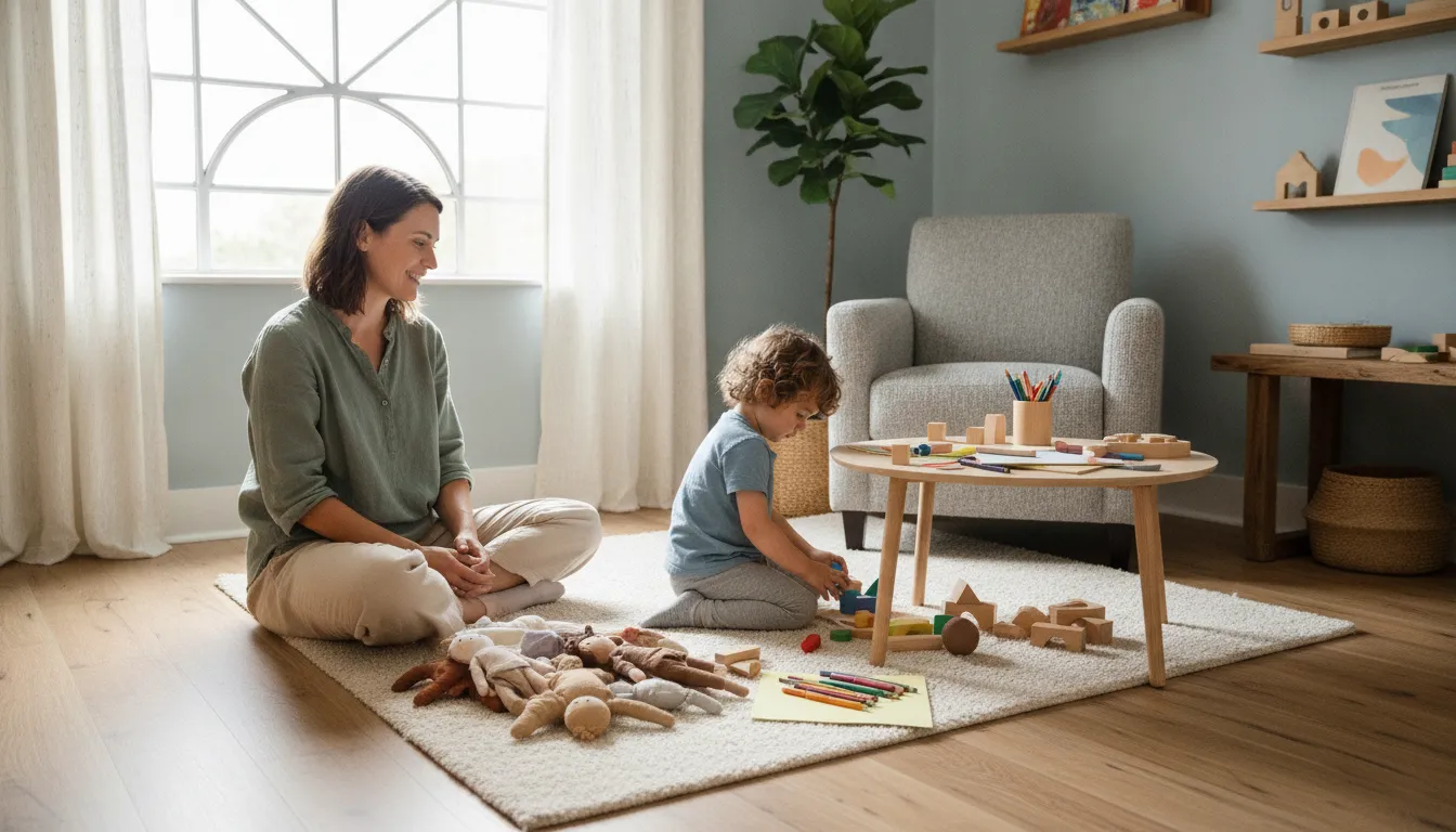 Child exploring play therapy activities with a supportive therapist